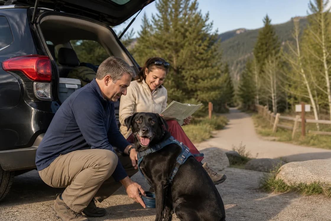 Dog owners preparing for a dog-friendly trail stop during a road trip