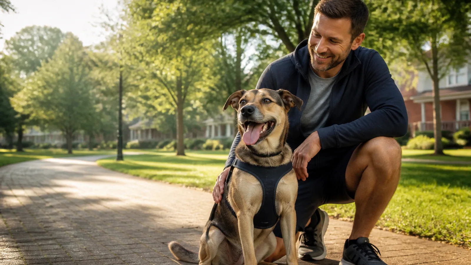 A dog owner spending a relaxed morning with his dog in a neighborhood park