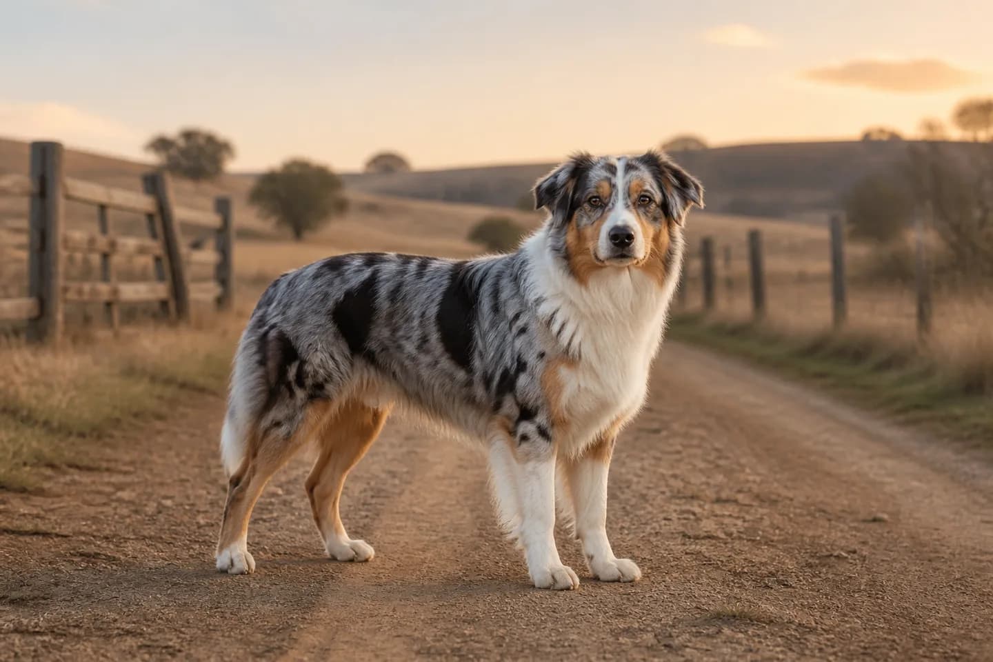 Blue-merle Australian Shepherd standing on a ranch path