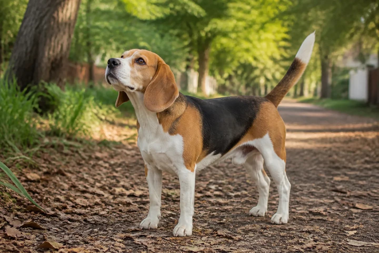 Tricolor Beagle standing alert on a leafy neighborhood trail