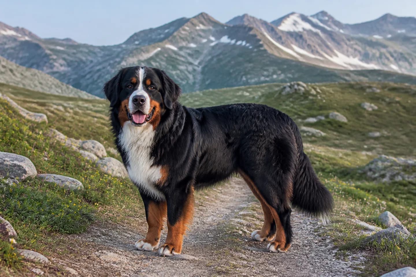 Bernese Mountain Dog standing on an alpine meadow trail