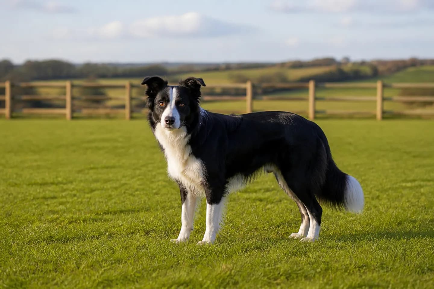 Black-and-white Border Collie standing in an open pasture