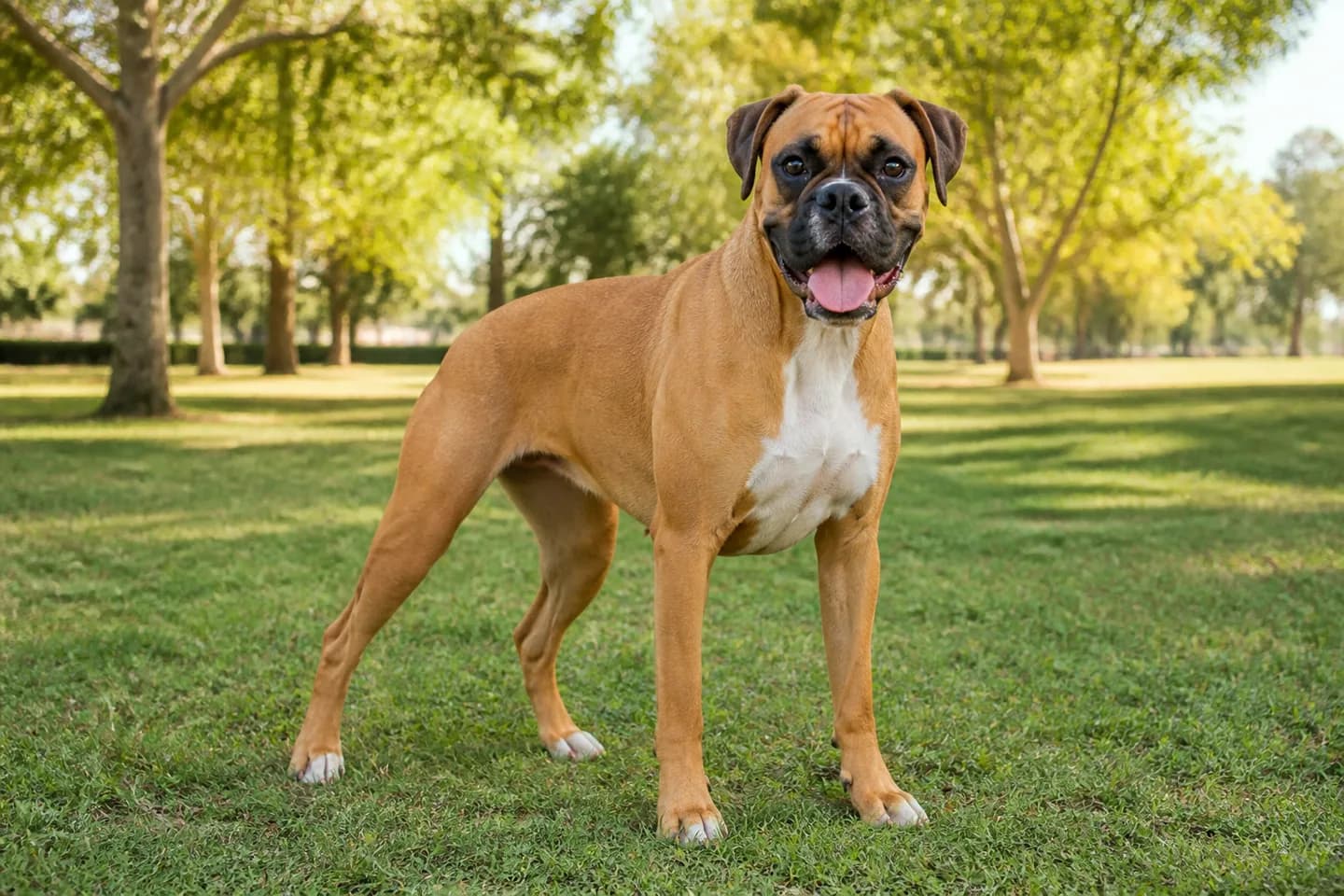 Fawn Boxer with natural ears standing in an open park