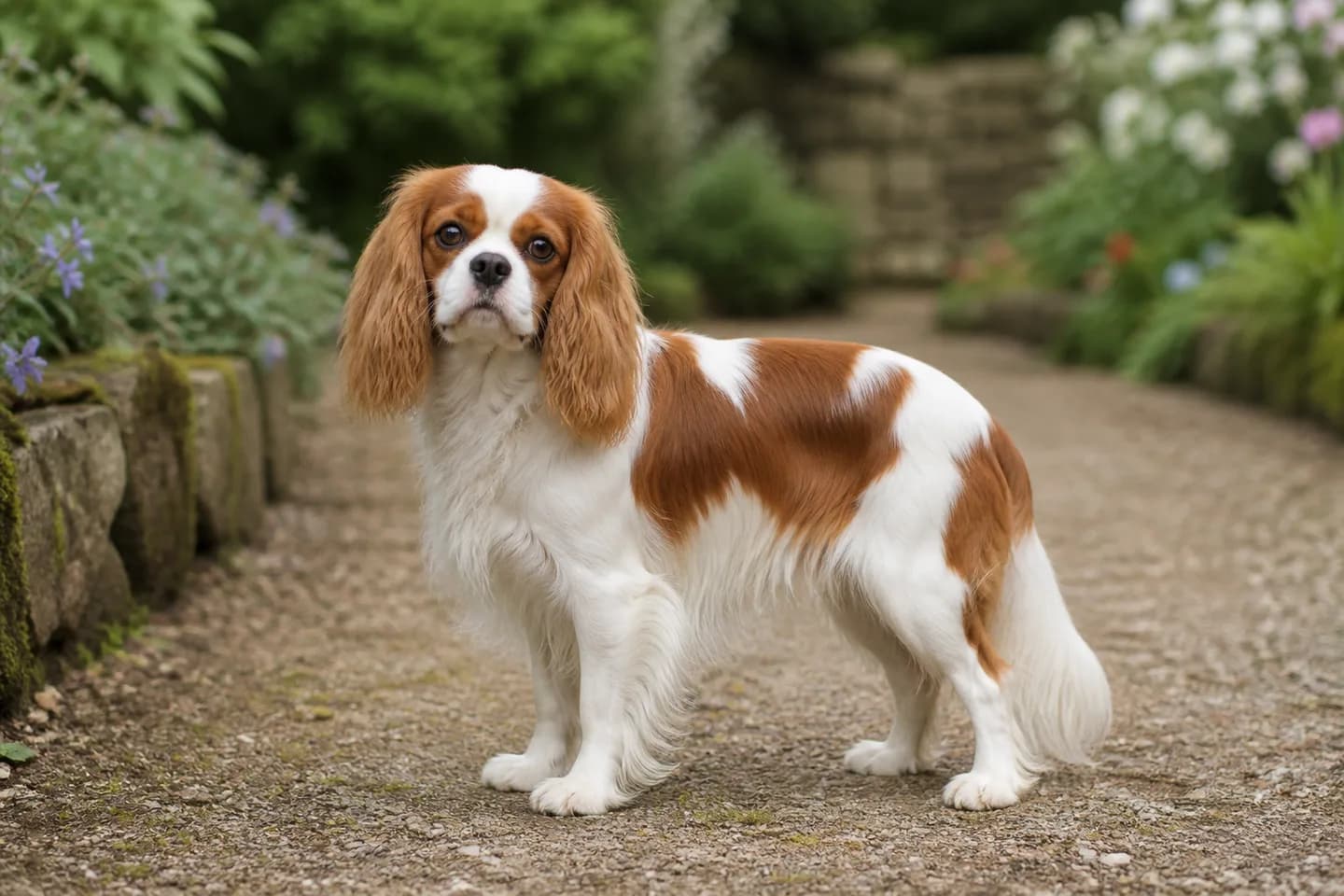 Blenheim Cavalier King Charles Spaniel standing on a garden path