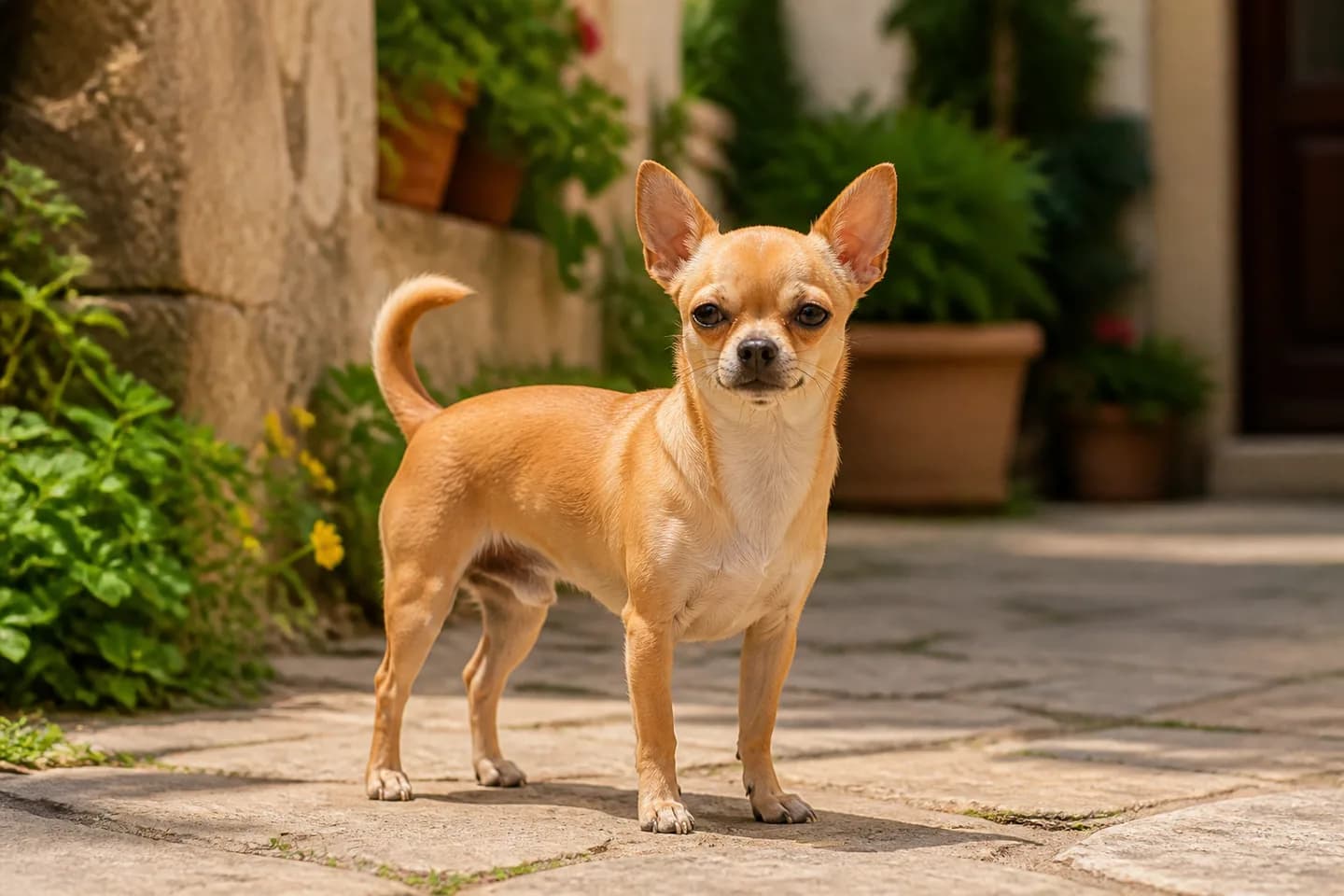 Smooth-coat fawn Chihuahua standing in a sunlit courtyard