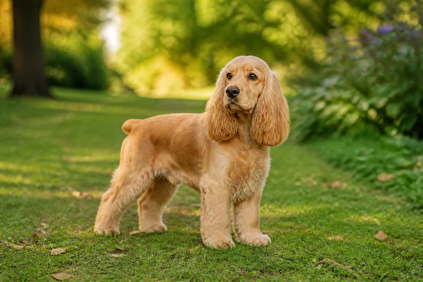 Buff Cocker Spaniel standing on a green park path