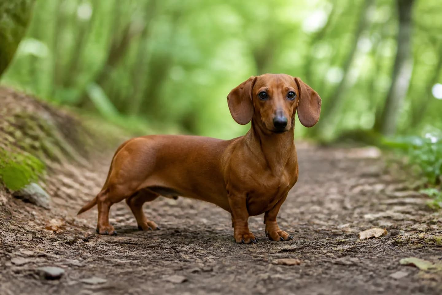 Smooth red Dachshund standing on a low woodland trail