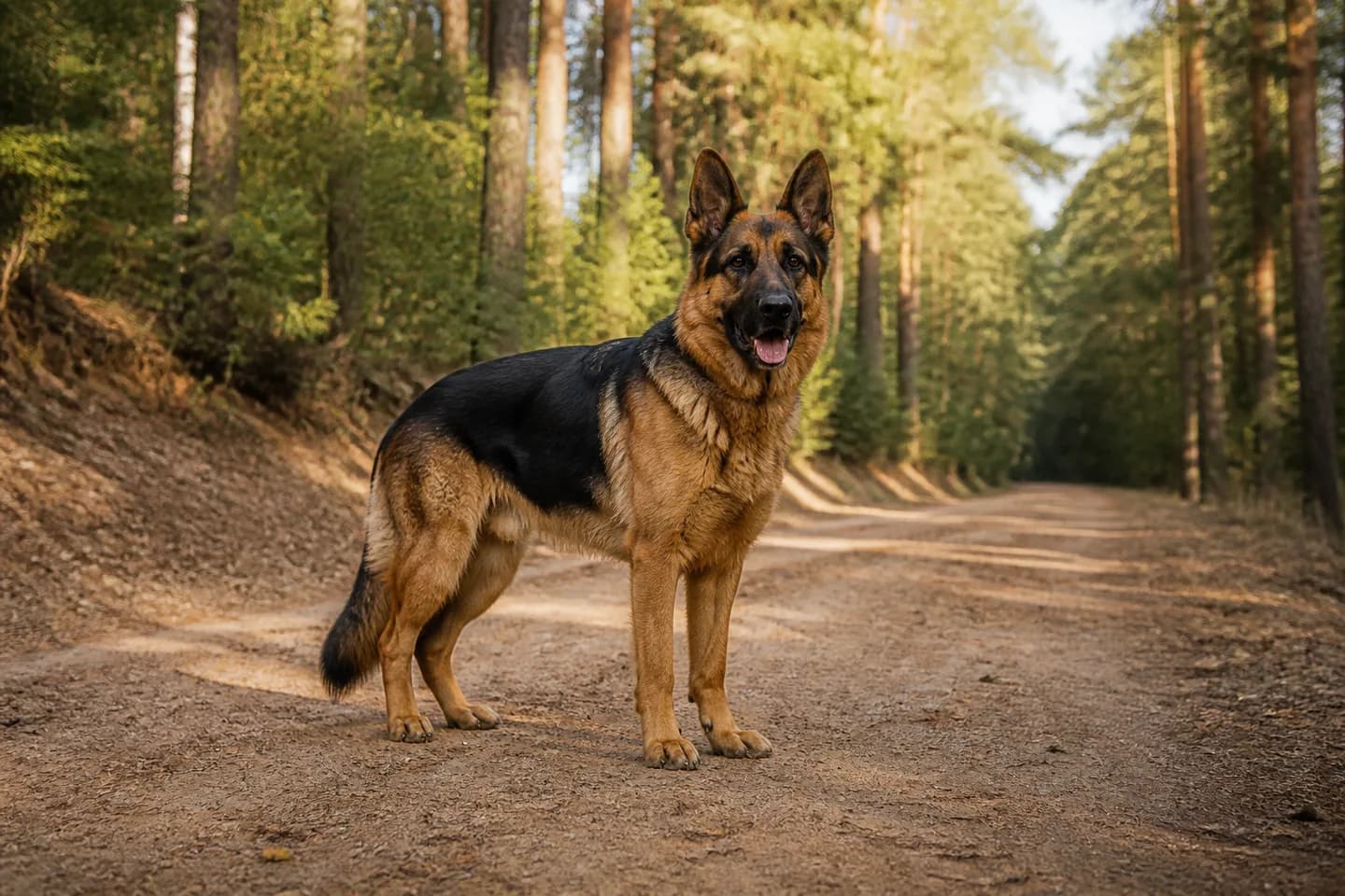 Black-and-tan German Shepherd Dog standing on a forest trail