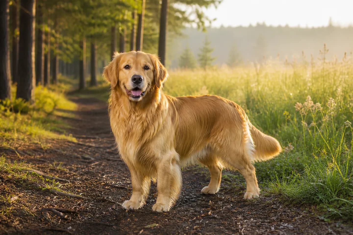 Golden Retriever standing where a woodland path meets a sunny meadow