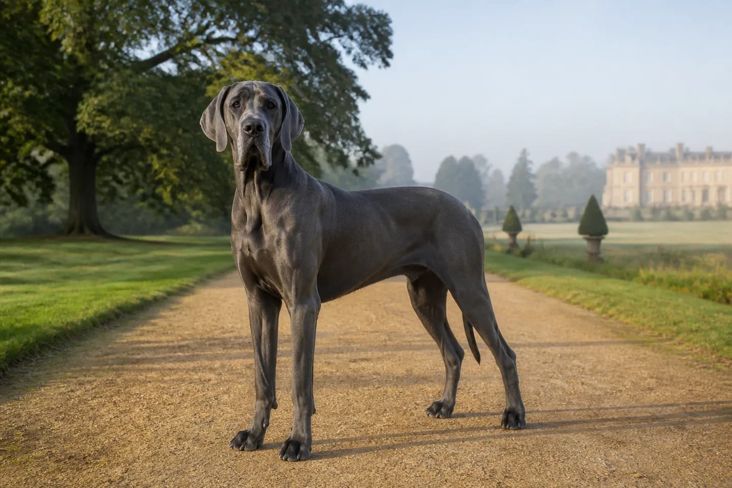 Blue Great Dane with natural ears standing on an estate park path