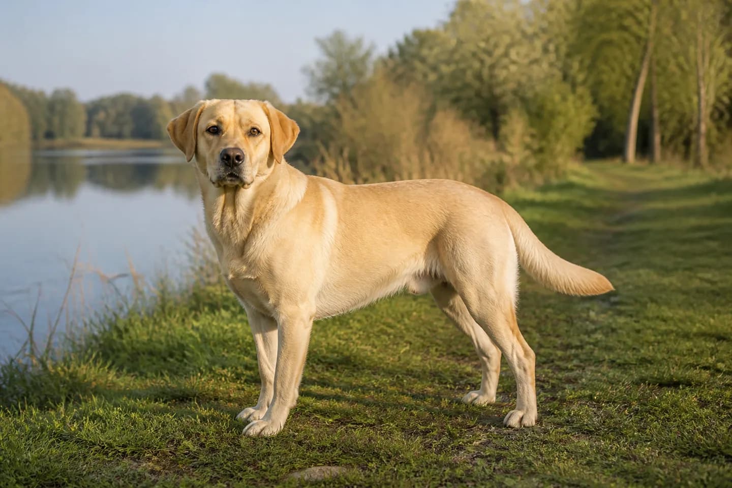 Yellow Labrador Retriever standing beside a calm lakeside trail