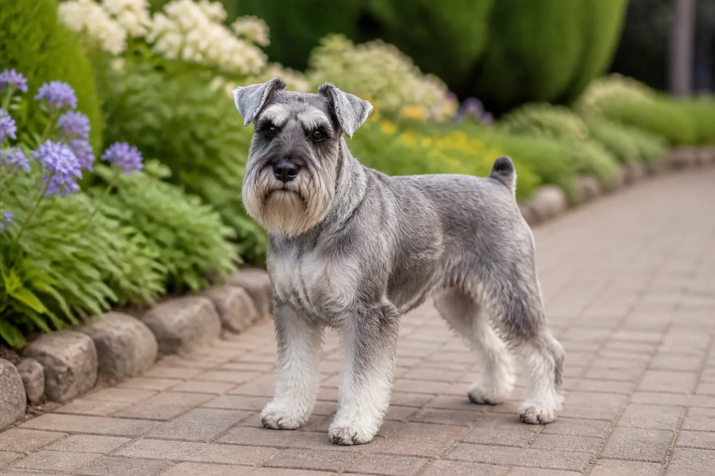 Salt-and-pepper Miniature Schnauzer standing on a garden path