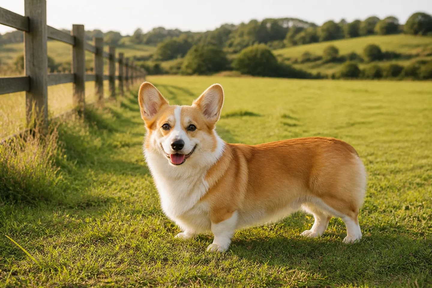 Red-and-white Pembroke Welsh Corgi standing in a green pasture