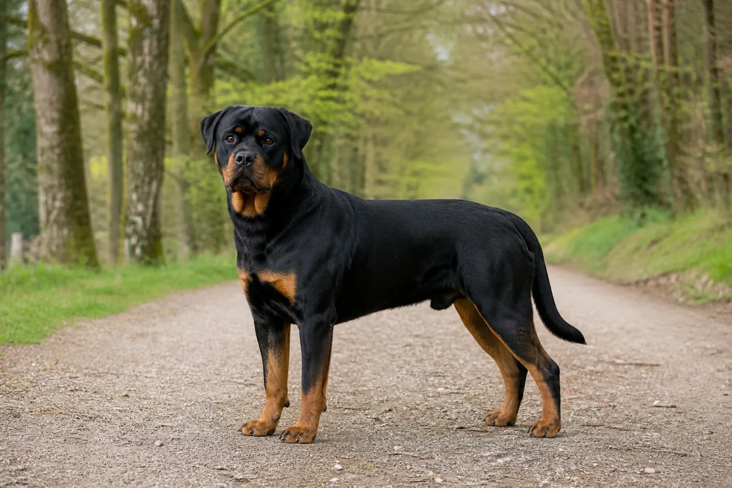 Rottweiler with a natural tail standing calmly on a woodland path
