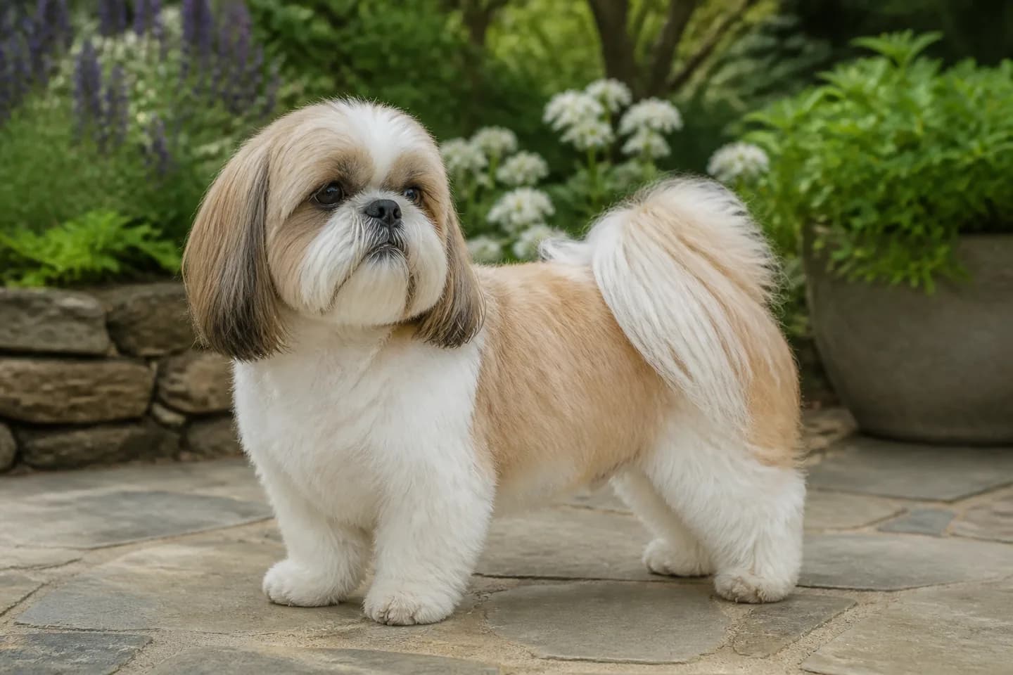 Gold-and-white Shih Tzu in a practical trim on a garden terrace