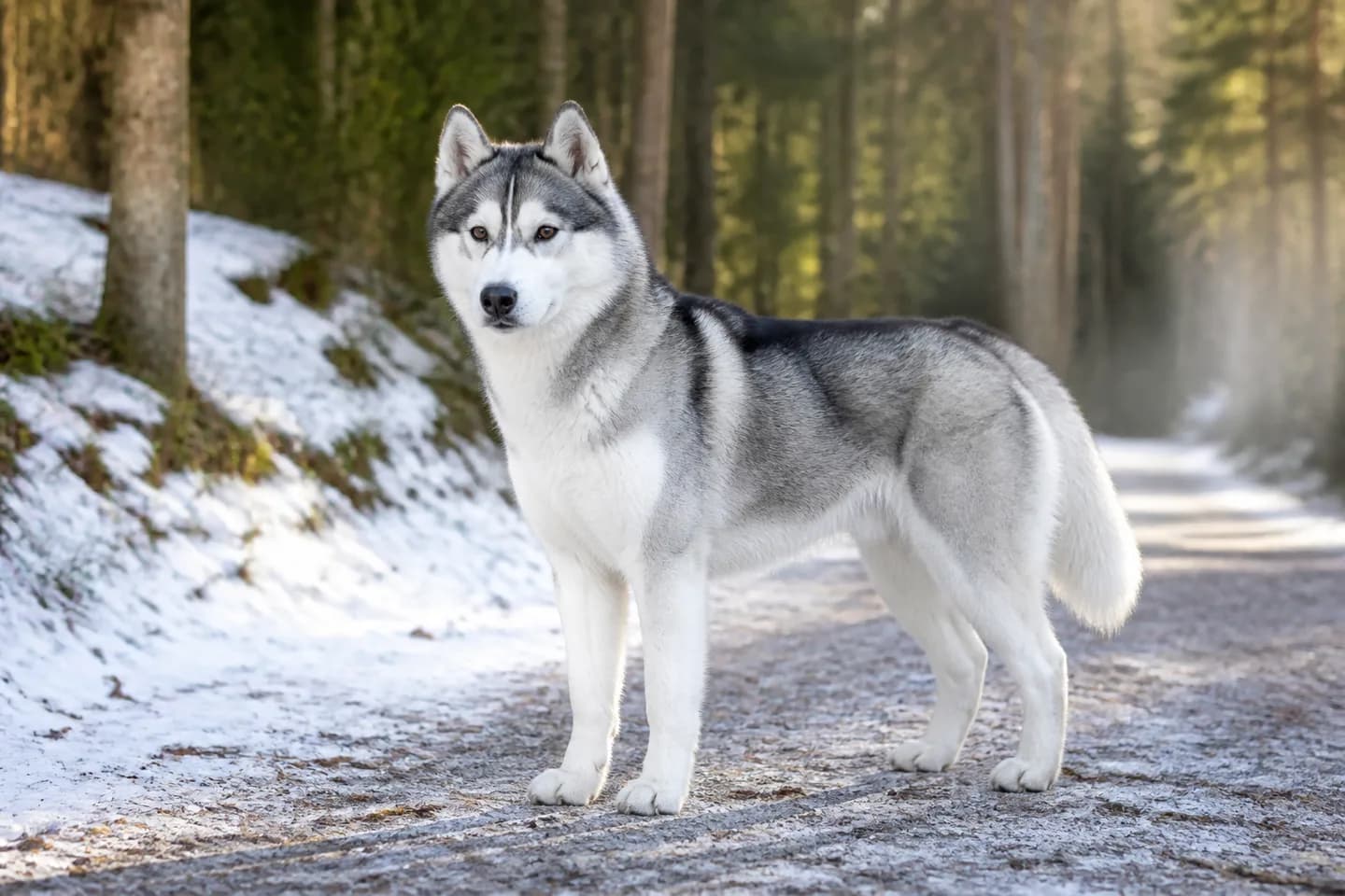 Gray-and-white Siberian Husky standing on a winter woodland trail