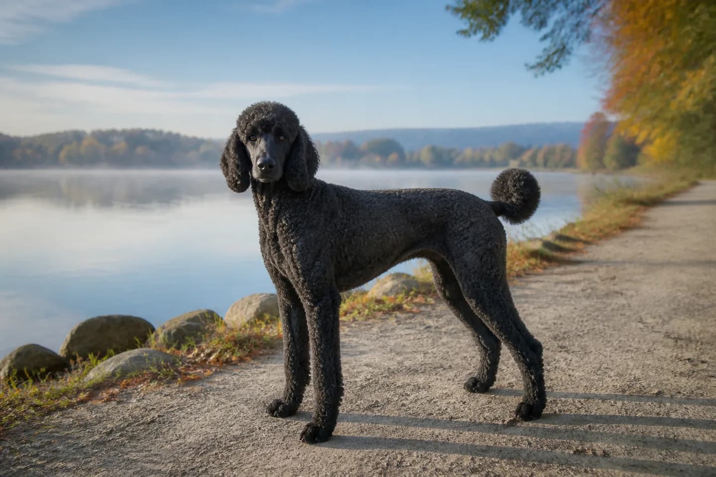 Black Standard Poodle in a sporting clip beside a lakeside path
