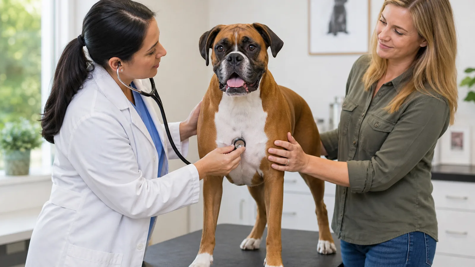 Veterinarian and dog owner during a routine Boxer wellness examination