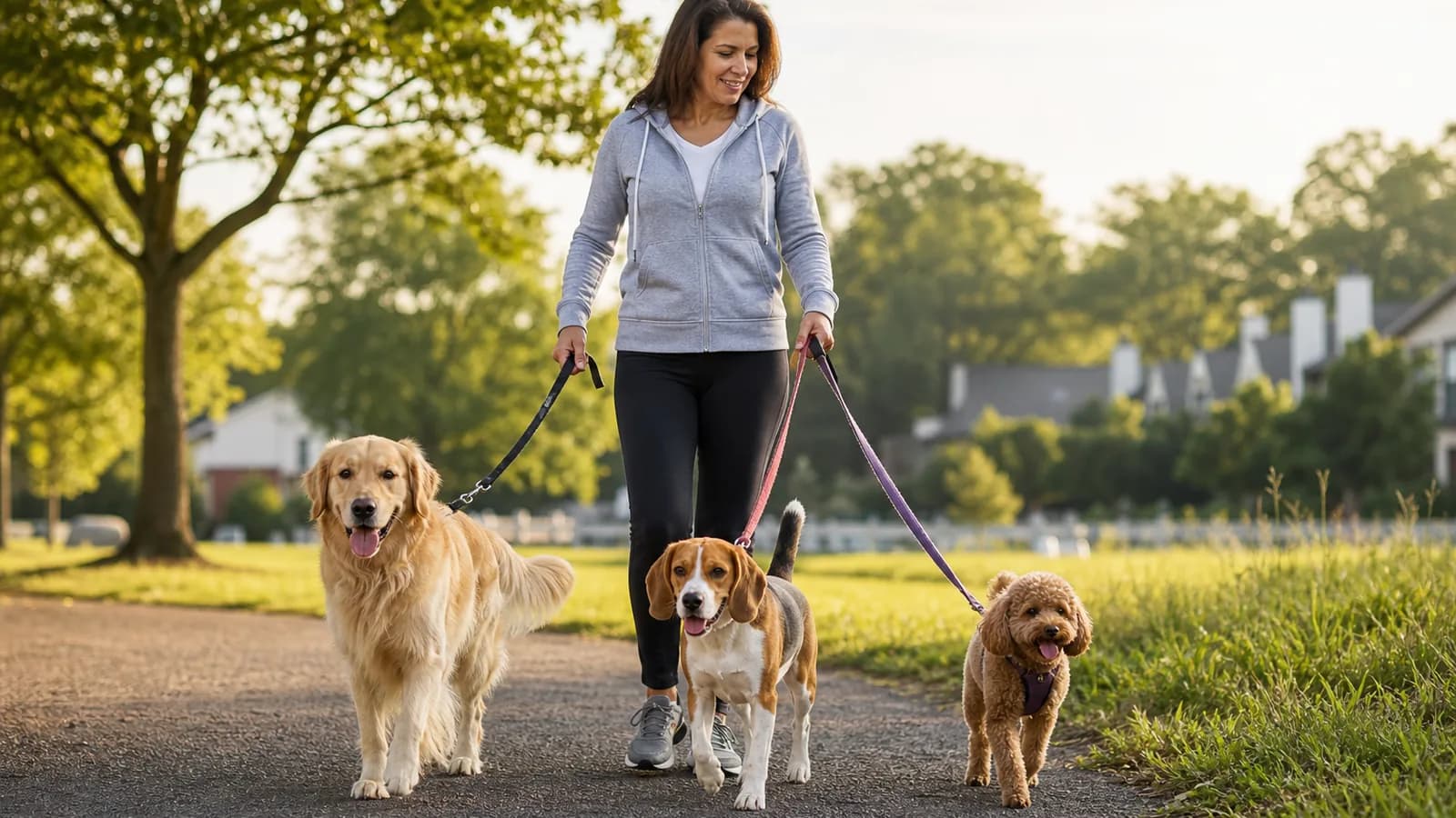 Owner walking a Golden Retriever, Beagle, and Miniature Poodle in a neighborhood park