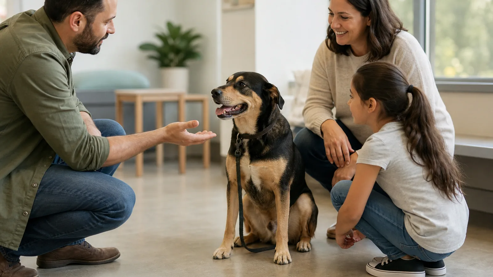 Family calmly meeting an adult dog in a shelter meet-and-greet room