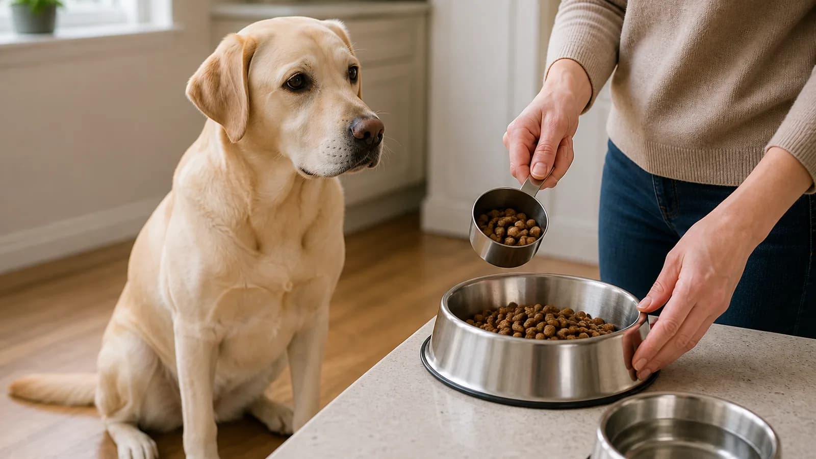 Owner measuring dry food into a bowl while a Labrador waits nearby