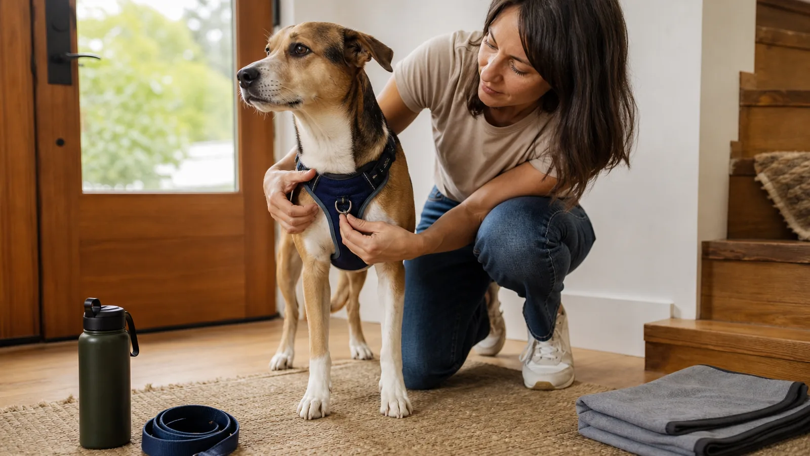 Owner checking the fit of a navy walking harness on a dog at home