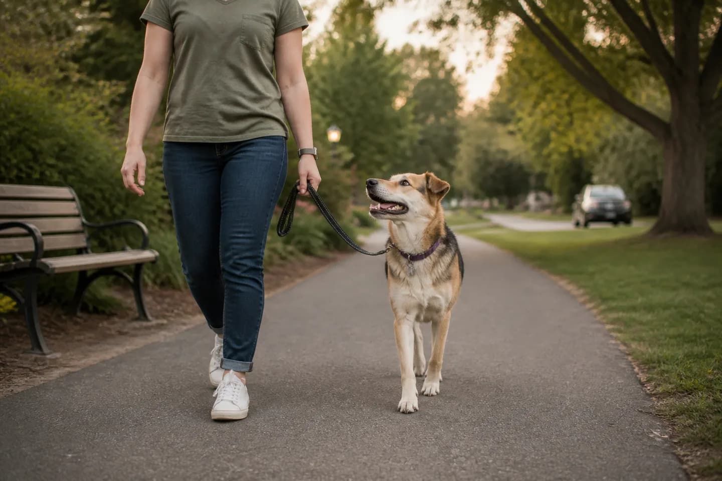 Adult walking calmly with a medium-sized dog on a neighborhood park path