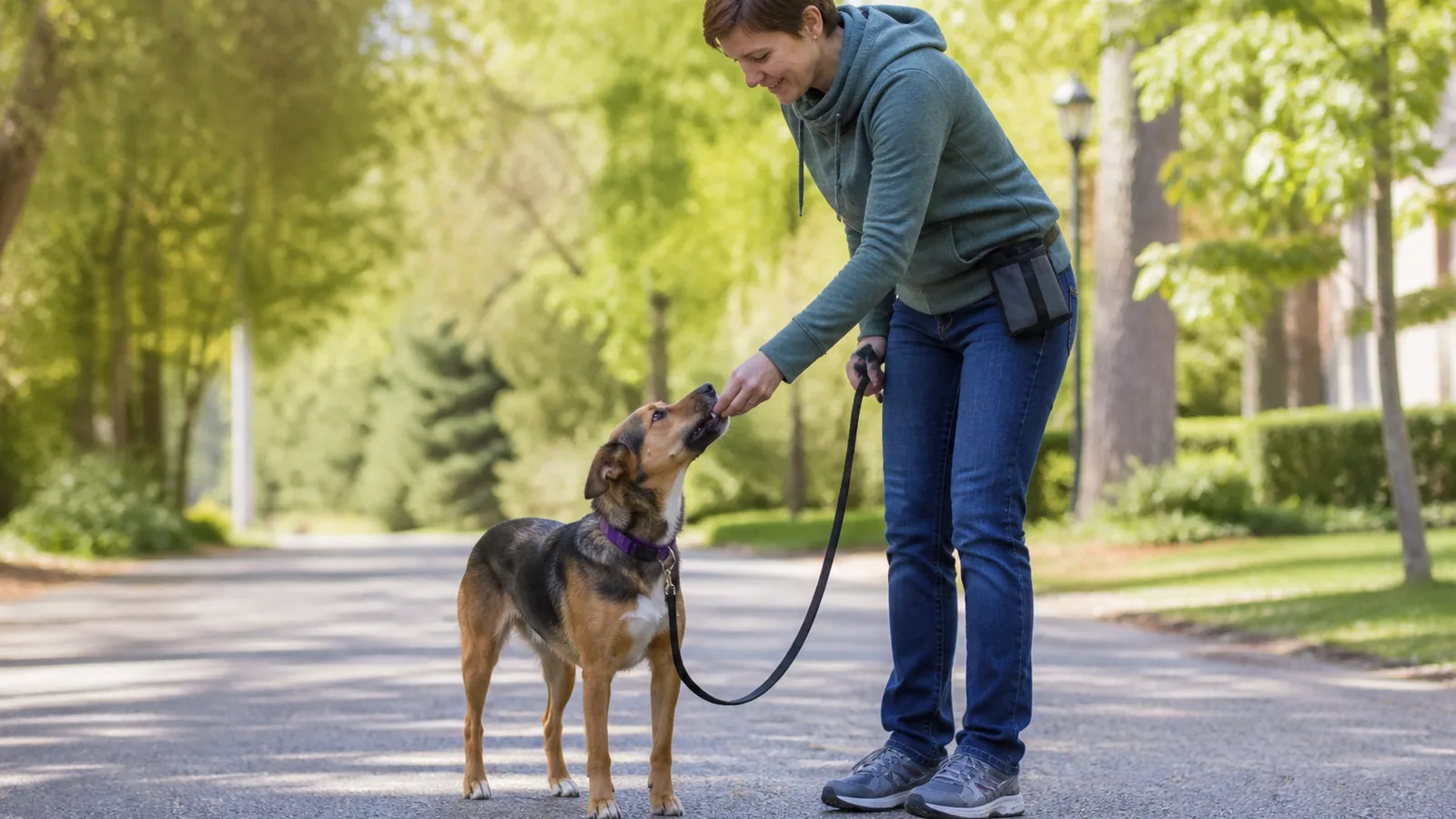Owner rewarding a calm dog during loose-leash training on a neighborhood path